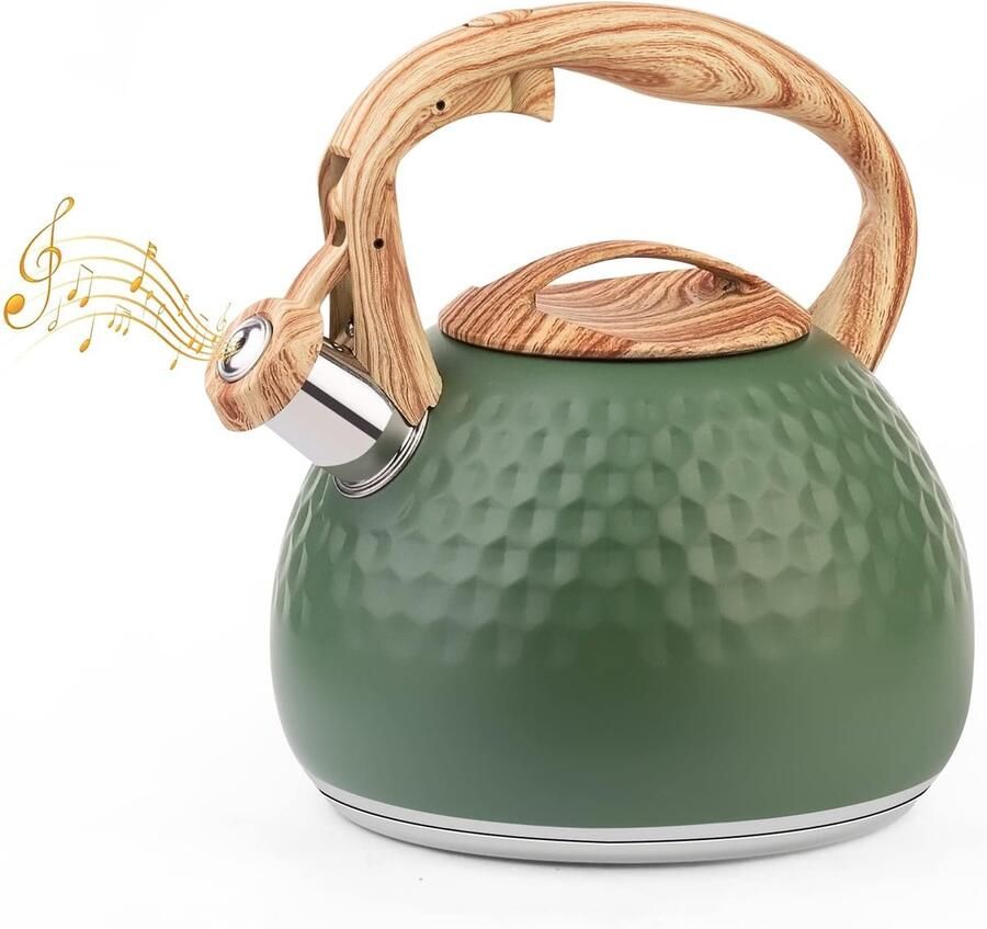 3L moderne waterketel inductie pijpketel van roestvrij staal theeketel voor alle kookplaten fluitketel met handvat van hout waterkoker voor thee koffie groen
