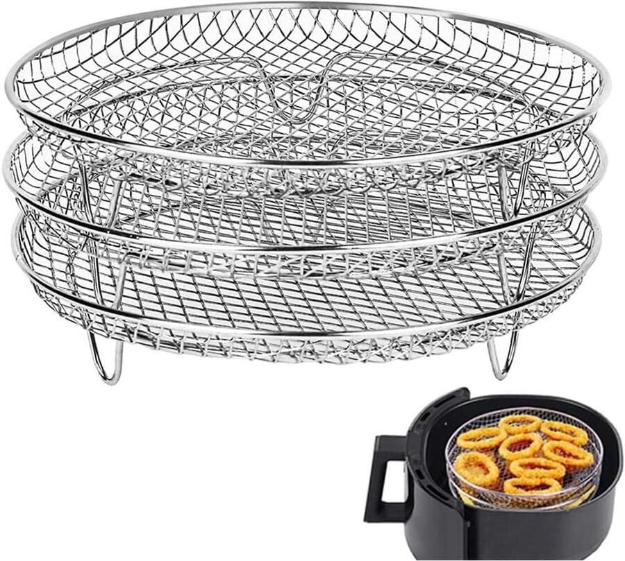 3Pcs Air Fryer Rack Three Round Stackable Dehydrator Racks 304 Stainless Steel Air Fryer Basket Tray Air Fryer Accessories for 4.2QT-5.8QT Air Fryer