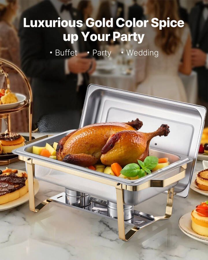 4 Buffetwarmers Chafing Dish Set Voedselverwarmer Warmhoudbak Catering Set RVS Warmhoudschaal 8 Liter 4 Delige Set Met Deksel en Brandstofhouder Voor Feest Bruiloft Partij Serveren Dubbele Pan Inzetstukken