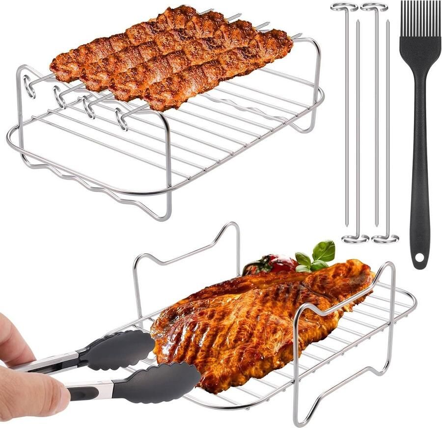 4-delige Air Fryer Rack Set met 4 Spiezen 1 Oliekwast en Keukenpincet voor Barbecue en Roosteren Geschikt voor Dual Air Fryer en Oven
