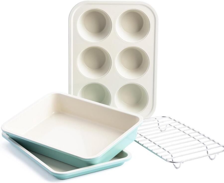 4 Delige Bakset Keramisch Non-Stick voor Oven en Toasteroven Inclusief Muffinvorm Bakplaat en Rooster