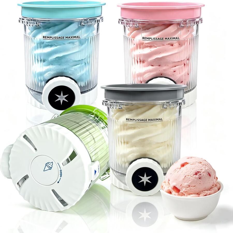 4-Delige Containerset Voor 480 Ml Ijscontainers Ijsmachine-Accessoires Voor Vaatwasserbestendig En BPA-Vrij (4-Delige Set Grijs + Blauw + Groen + Roze)