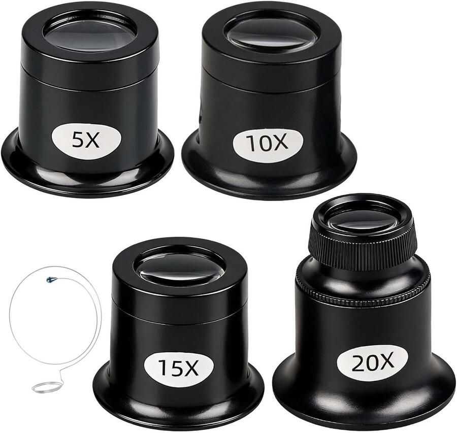 4-delige juweliersloep set 5 x 10 x 15 x 20 x loep met draadhouder juweliersvergrootglas van verschillende sterktes voor horloges en nauwkeurige details reparatie