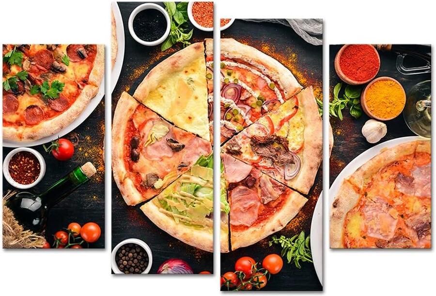 4 Delige Keukenwanddecoratie Canvas Schilderij Pizza en Eten Voor Eetkamer