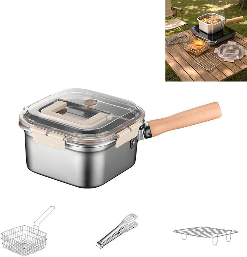 4-delige Kleine Frituur Pan Friteuse Multifunctionele kookpan Friteuse Stoompan Kookpot 5-in-1 functie Roestvrij staal + PP 20.5cm×20.5cm×11.5cm Geschikt voor frituren koken stomen thuisgebruik en kamperen Zilver