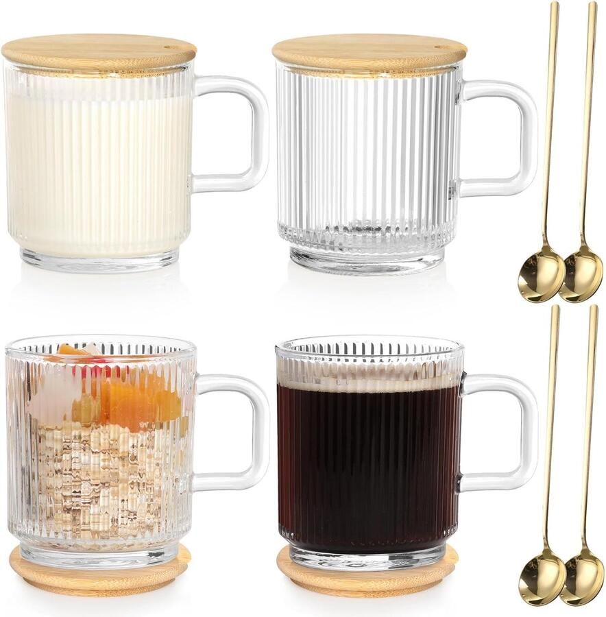 4-Delige Koffiekopjesset 350 ml Geribbelde Glazen Koffieglazen met Deksel en Lepel voor Cappuccino Latte Granen Yoghurt Melk Transparant