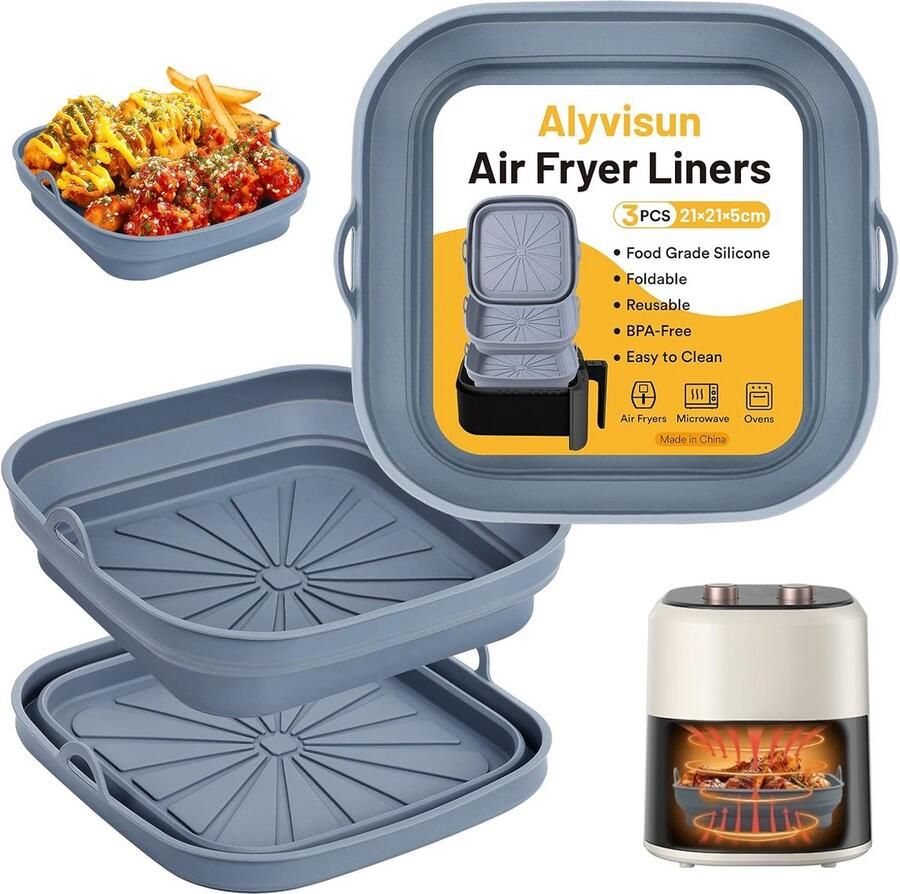 4-delige Opvouwbare Airfryer Siliconen Bakmand Vierkante Herbruikbare Airfryer Accessoire voor Oven en Magnetron Grijs