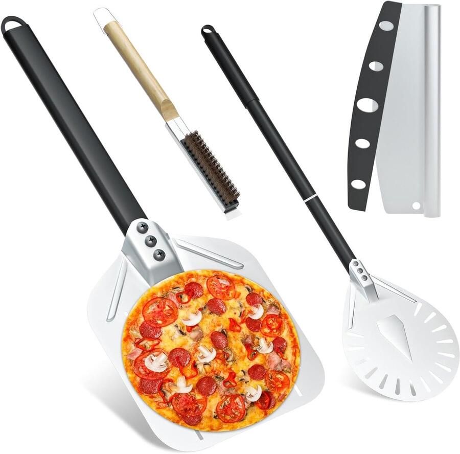 4-delige Pizza Oven Accessoires Set met Perforated Pizza Peel Aluminium Pizza Peel met Lange Handgreep en Ovensteen Reinigingsborstel