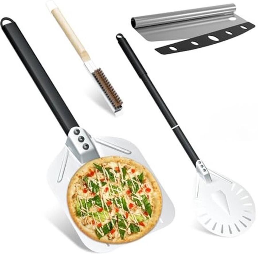 4-delige pizza set met geperforeerde pizzaschep pizzasnijder en ovenborstel