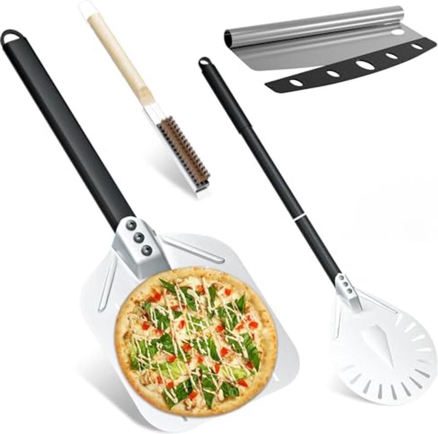4-delige pizza set met geperforeerde pizzaschep pizzasnijder en ovenborstel