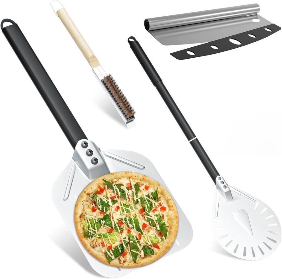 4-delige pizza set met geperforeerde pizzaschep pizzasnijder en ovenborstel