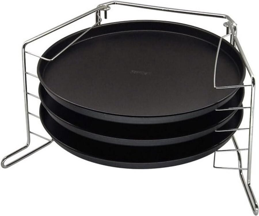 4-delige pizzataset 3 antiaanbakpizzapannen van Ø 29 cm Metalen houder voor knapperige pizza's en flammkuchen