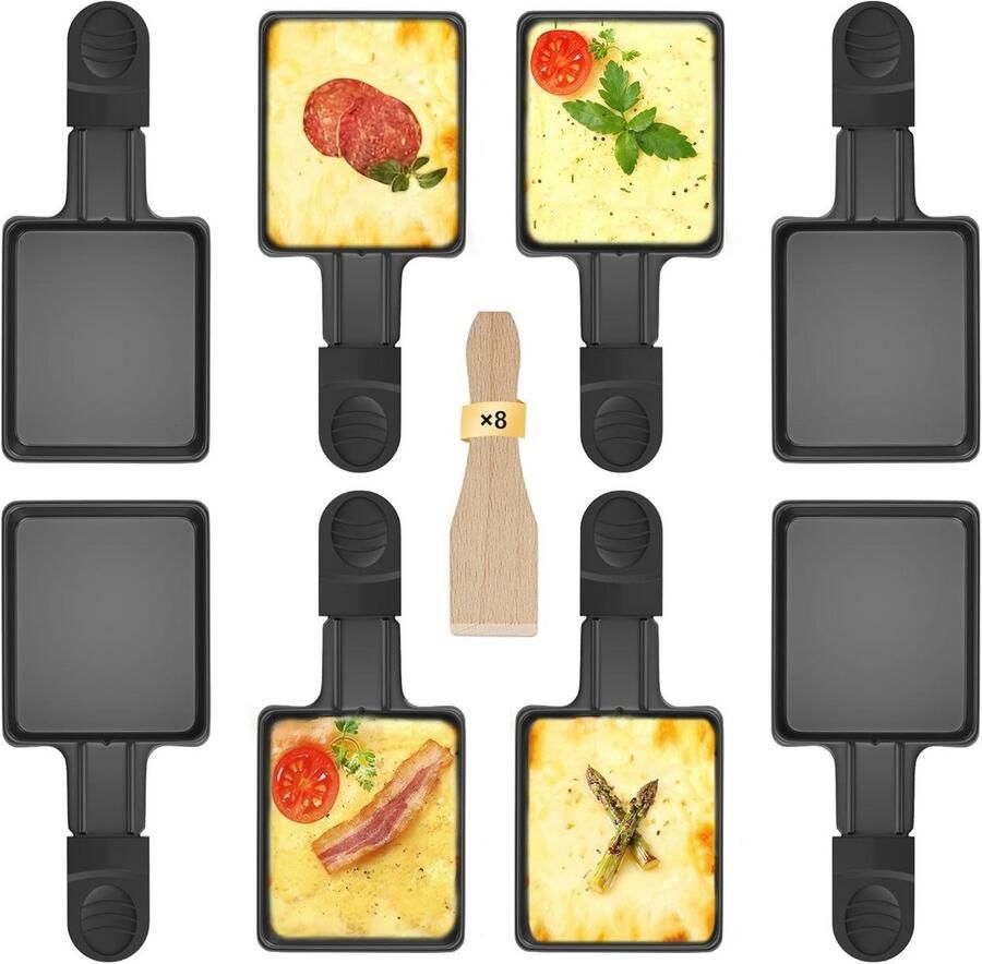 4-delige raclette pannenset met zwarte handgrepen en houten schoppen