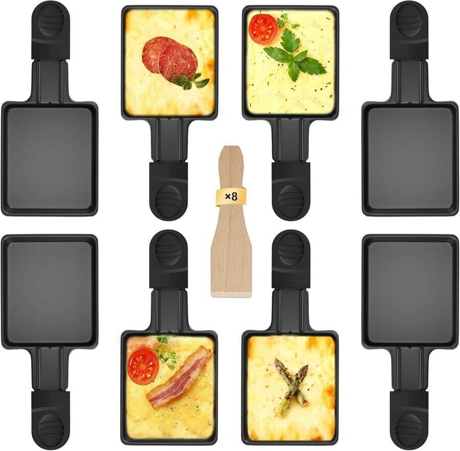 Raclette Pannenset Pannen met Lepels Gezellig Tafelen Antiaanbaklaag 4 Delig Zwart