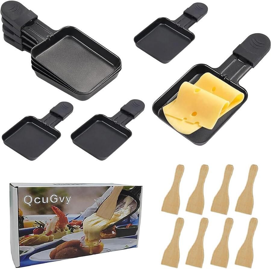 4-delige Raclette Set met Antiaanbak Pannen en Houten Spatels