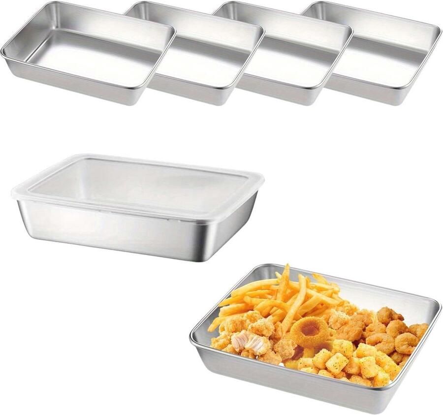 4-delige Rechthoekige Bakplaten van Roestvrij Staal 25x20x6 cm voor Vlees Groenten en Salades
