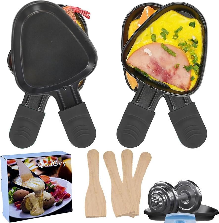 4-delige Set Mini Raclettepannetjes met Houten Spatels Non-Stick voor Kaas Smelten en Kleine Gerechten