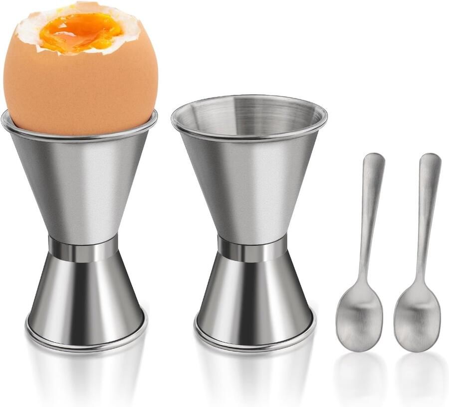 4-delige set roestvrijstalen eierdopjes met lepels harde en zachte gekookte eierhouderstandaard metalen jigger keukengereedschap voor ontbijt diner thuisfeest café restaurant (zilver)
