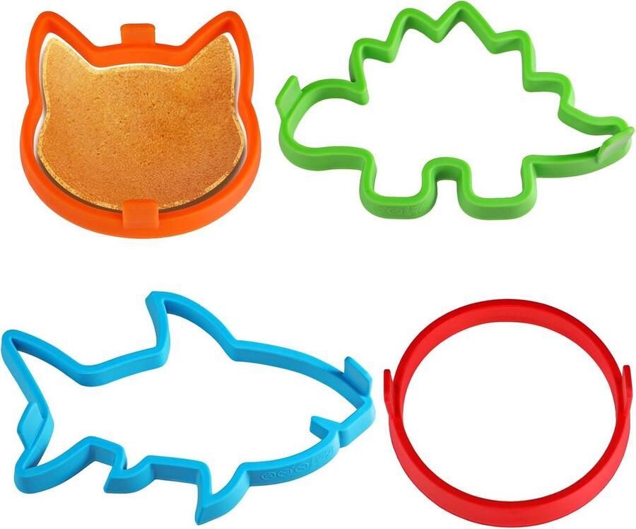 4-delige Siliconen Pannenkoekvormen Set Ronde Haai Kat & Dinosaurus Vormen Anti-aanbak Ei & Pannenkoekringen