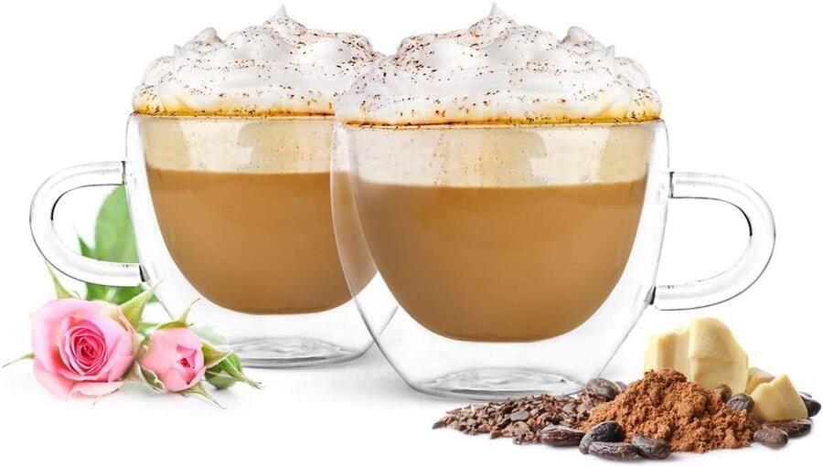 4 dubbelwandige cappuccinokopjes met handvat 290 ml koffieglazen theeglazen thermoglazen