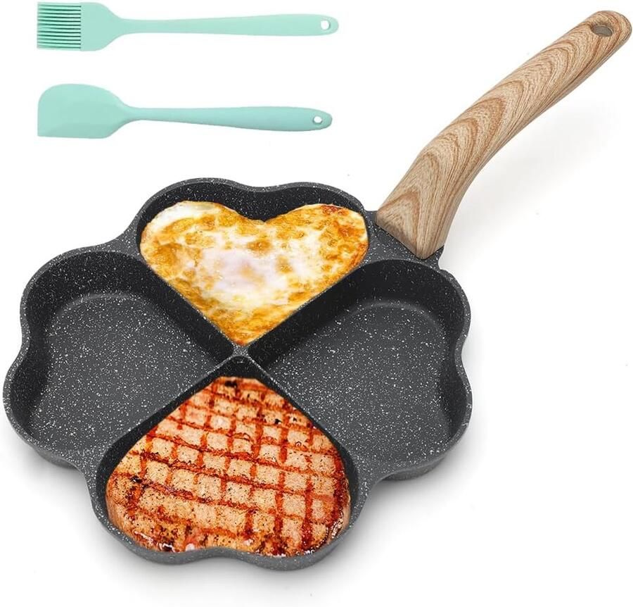 4-gaats omlettenpan antiaanbaklaag graniet kleine pannen spiegeleipan motief inductie braadpan 4-gaats hartvormige eierpan met 2 borstels voor inductiekookplaat gasfornuis (zwart)