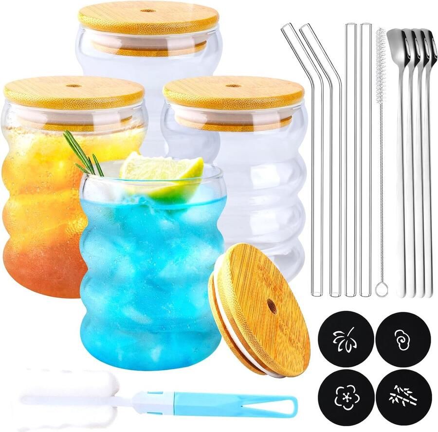 4 Geribbelde Drinkglazen met Glazen Rietjes(350ml) Blikvormige Tumbler Beker Glazen Set Glazen Bekers Waterglazen voor Latte Macchiato Ijskoffie Whisky Cocktails Yoghurt Soda