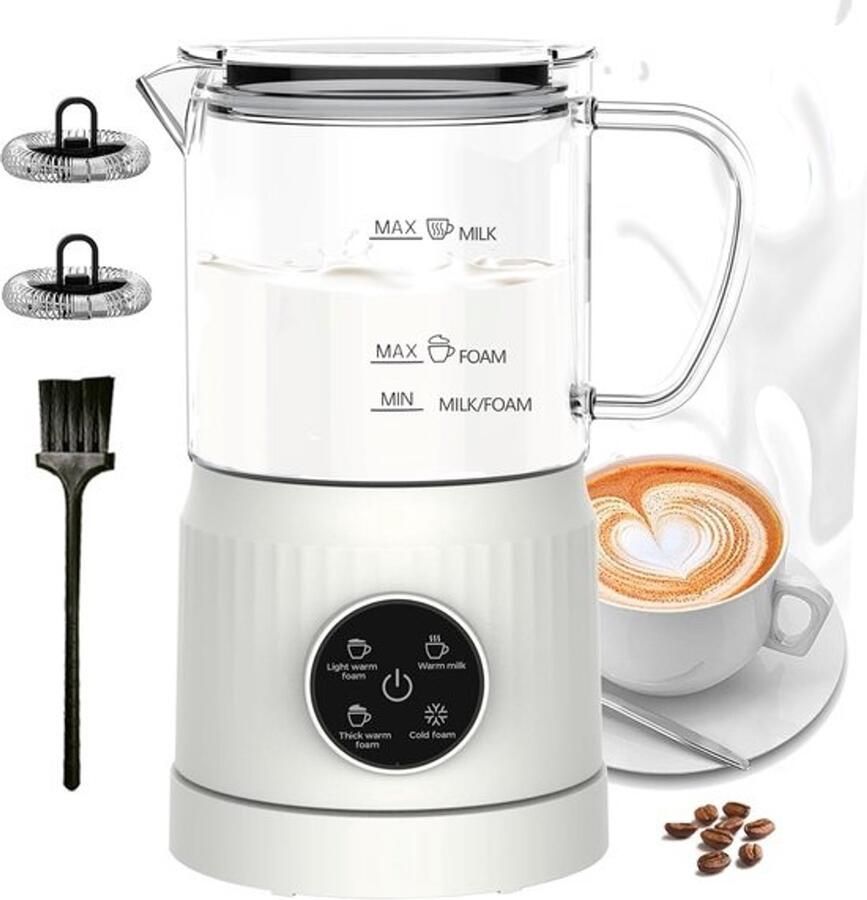 Elektrische melkopschuimer en melkverwarmer 4-in-1 automatisch apparaat met glazen kan en zichtbare schuimvorming voor warme en koude melk bij koffie latte en cappuccino wit (wit)