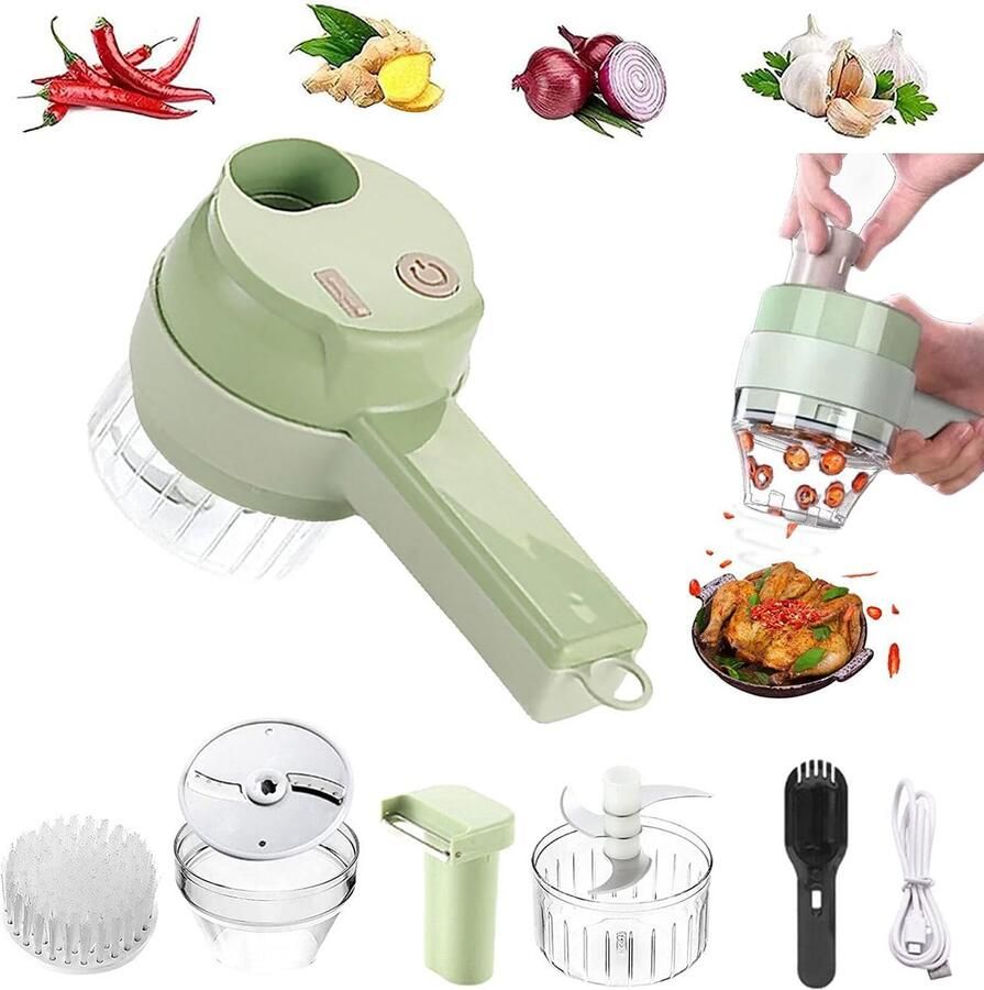 Elektrische Hakmolen 1200 mA 4 in 1 Groentesnijder Uiensnijder Mini Chopper Food Chopper Mini Foodprocessor USB oplaad BPA-Vrij Multifunctioneel Voor babyvoeding knoflook chilipepers uien selderij en gember Groen