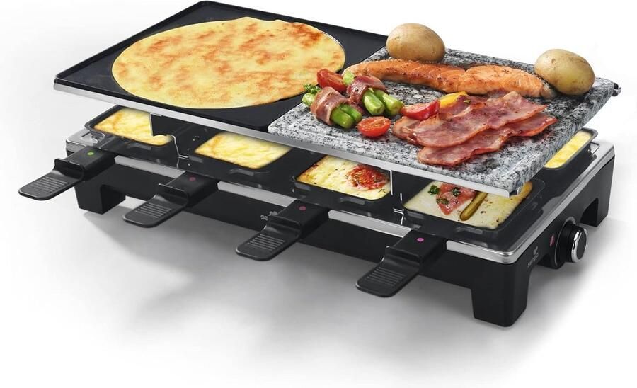 4-in-1 Raclette Grill voor 8 Personen Antiaanbaklaag 1500W Pannenkoek & Baksteen