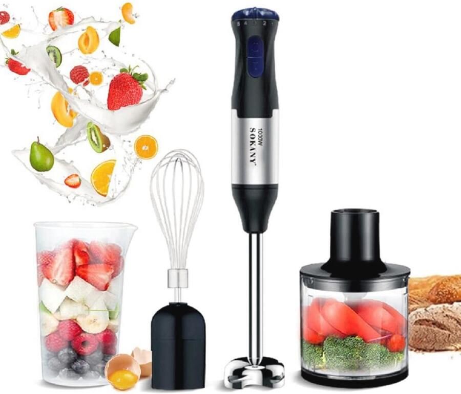 4-in-1 Staafmixer 1000 W Handblender met 5 Snelheden en Maatbeker voor Perfecte Purees en Sap