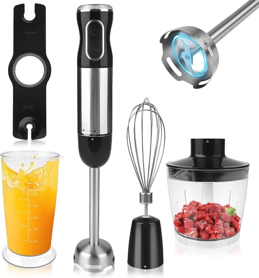 4-in-1 staafmixerset met hakmolen en maatbeker 1000 W roestvrij staal