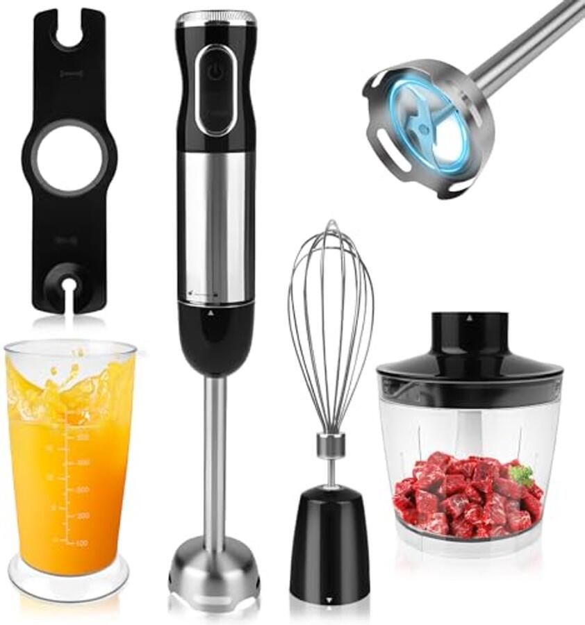 4-in-1 staafmixerset met hakmolen en maatbeker 1000 W roestvrij staal