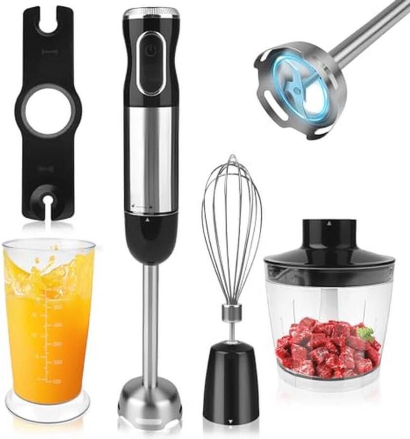 4-in-1 staafmixerset met hakmolen en maatbeker 1000 W roestvrij staal