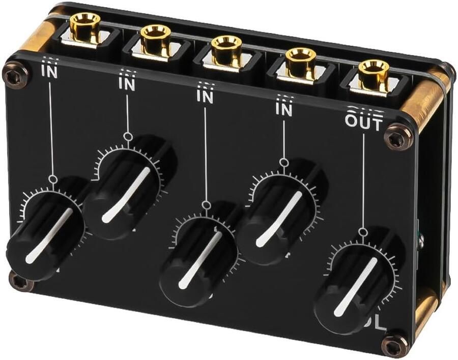 4-kanaals passieve mixer met 4 stereo RCA ingangen en 1 stereo RCA uitgang voor uitgebreide controle van menginstrumenten cd-spelers etc