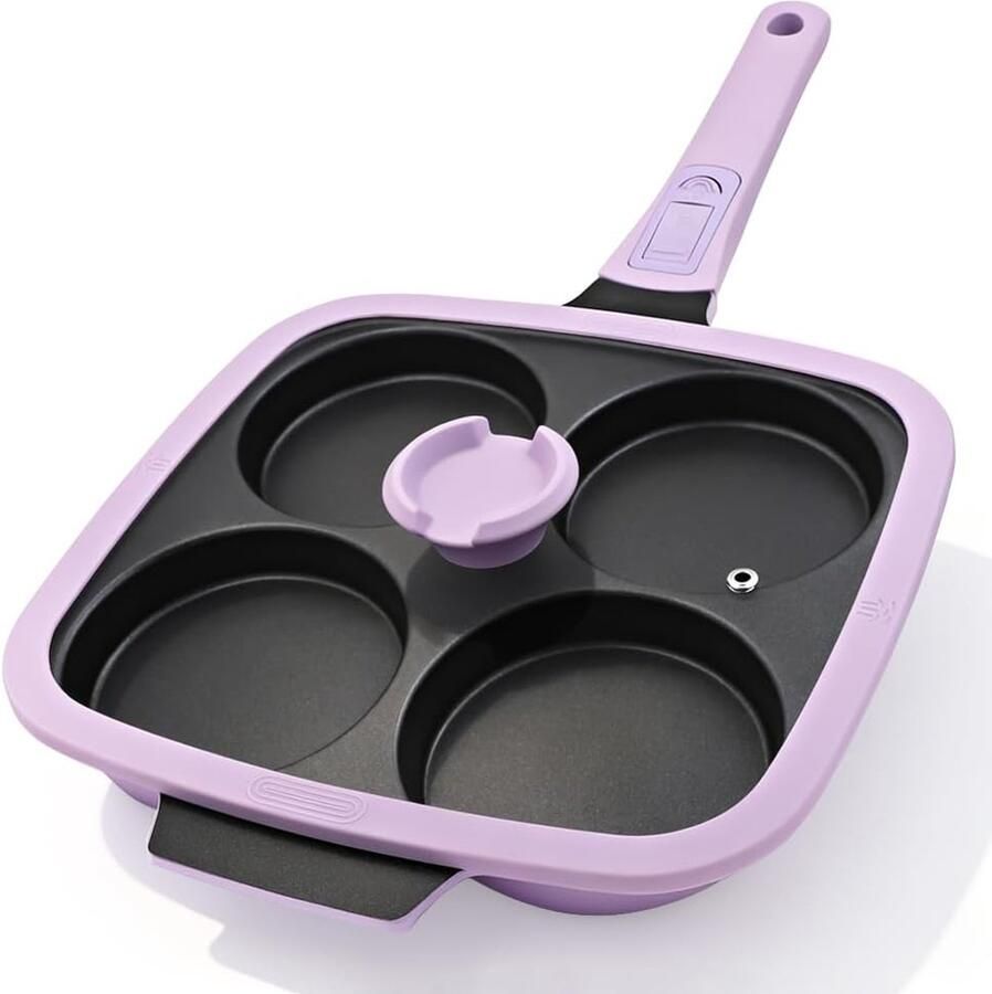 4-kops eierpan anti-aanbak met deksel 26 x 24 cm grote pannenkoekenpan met afneembaar handvat omelet koekenpan inductie compatibel voor ontbijt Paars