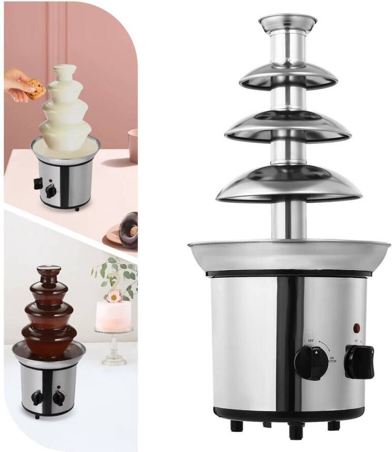 4-Laags Roestvrijstalen Chocoladefontein met Verwarming – Chocoladesmelter & Fonduemachine – Grote Capaciteit (1 8L) Stille Motor Gemakkelijk Schoon te Maken – Perfect voor Feest of Thuisgebruik Feestdagen -Chocola