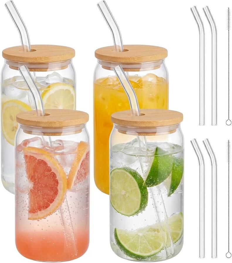 4 Matcha-glazen met deksel en rietje – 500 ml glazen bekers inclusief reinigingsborstels. Ideaal voor cocktails whisky bier ijskoffie frisdrank en sappen