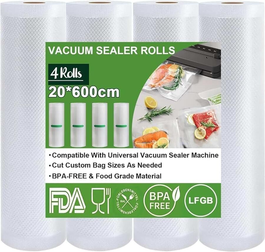 4 rollen vacuümfolie 20 x 600 cm vacuümzakken voor levensmiddelen BPA-vrij scheurvast 190 µm vacuümrollen voor vacuümverpakkers magnetrons en sous-vide