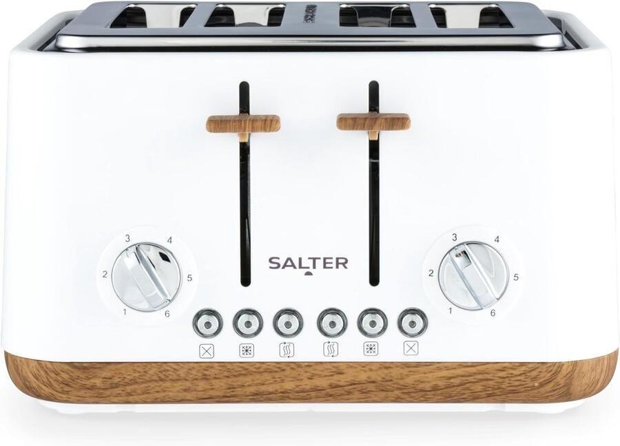 4-Slice Broodrooster Brede Sleuven Ontbijt Maken 6 Bruiningsniveaus 4 Slices Mat Wit