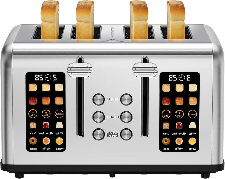 4-slice toaster Broodrooster Dubbelzijdige toaster Ontbijt bereiden Dubbele temperatuurzones 4 plakken RVS met zwart scherm