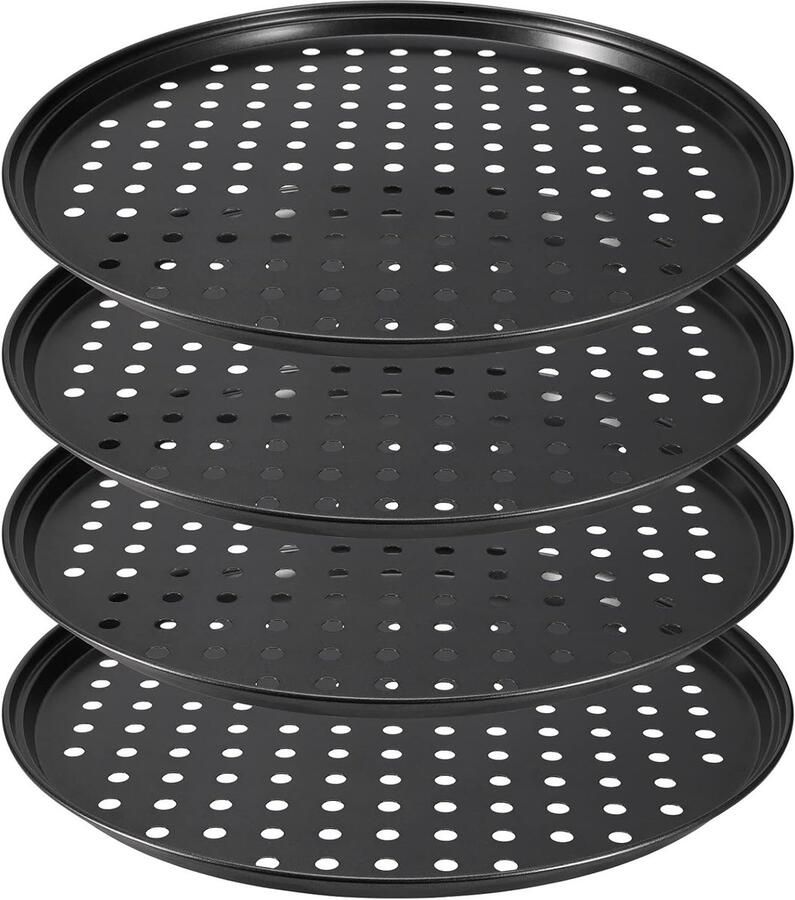 4 Stuks 10 Inch Antiaanbak Pizza Bakplaat Perforated Pizza Pan voor Oven Ideaal voor Thuis Pizzabakken 26CM x 1.5CM Zwart