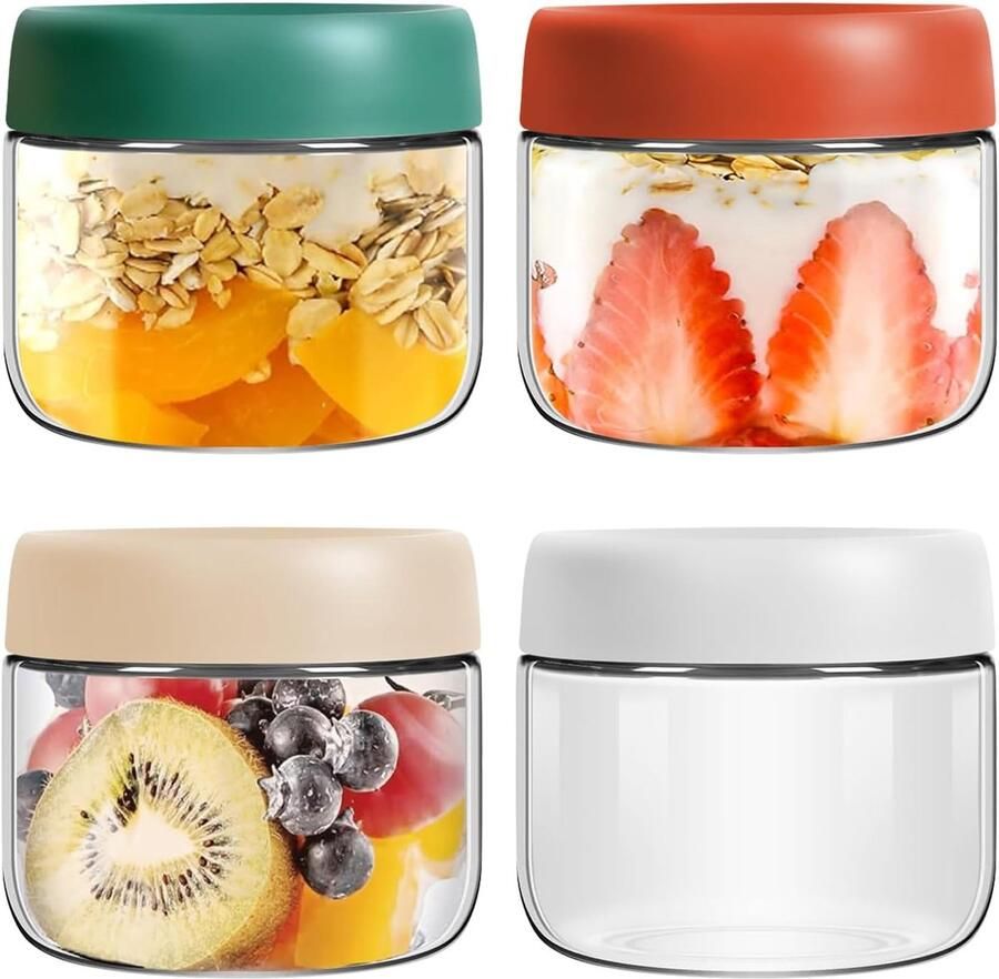 4 stuks 300ml Glazen Nachthaverpotten met Deksels Lekvrije Afdichtingspotten voor Joghurt Pudding en Meer