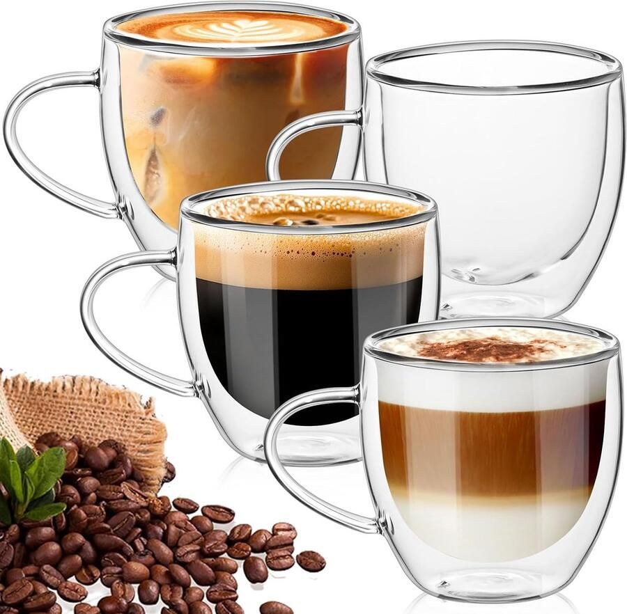 4 stuks 380 ml dubbelwandige koffieglazen geïsoleerde Barista-stijl heldere glazen mokken voor latte cappuccino plat wit hittebestendig borosilicaat-espressokopjes