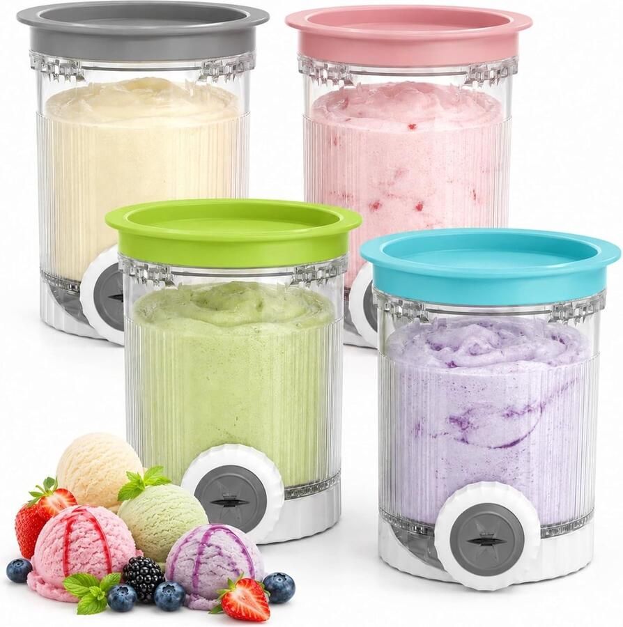 4 stuks 473 ml ijscontainers met kleurrijke deksels en mondstukken voor ijsmachines BPA-vrij en ideaal voor het maken van ijs sorbet en smoothies
