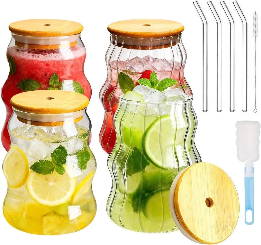 4 stuks 530 ml drinkglazen met bamboedeksels en glazen rietjes vintage geribbeld glaswerk ijskoffiekopjes heldere glazen tumbler met 2 reinigingsborstels voor koektail ijskoffie smoothie