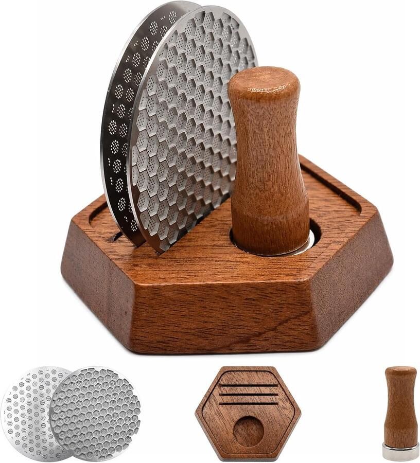 4 stuks 58 5 mm espresso puck screen 0 8 mm dik herbruikbaar koffiefilter van 304 roestvrij staal met magnetische handgreep opbergstandaard van hout filterhouder accessoires filter voor