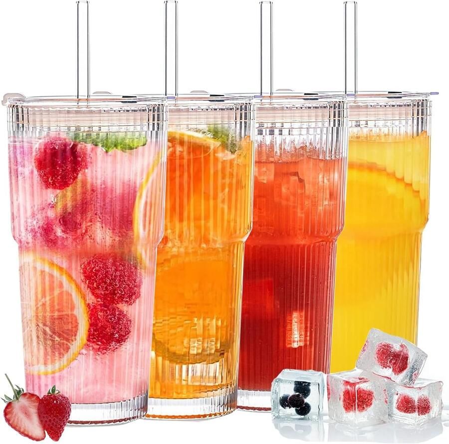 4 stuks 600 ml geribbelde glazen bekers met deksel en rietje drinkglas ijskoffieglazen smoothiebeker matcha-glazen luchtdicht en waterdicht design glas voor koffie sap thee cocktail