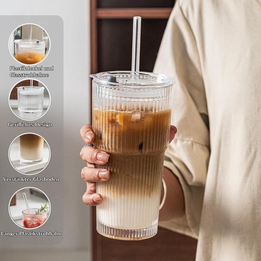 4 stuks 600ml Geribbelde glazen bekers met deksel en rietje dikwandige en robuuste smoothiebekers van hoogwaardig glas luchtdicht en waterdicht ontwerp ideaal als koffie