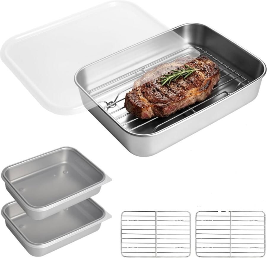 4 stuks airfryer-accessoires ovenschaal airfryer van roestvrij staal 2 × schaal 2 × grillrooster vaatwasmachinebestendig Geschikt voor Ninja AF400EU AF500EU DZ400EU