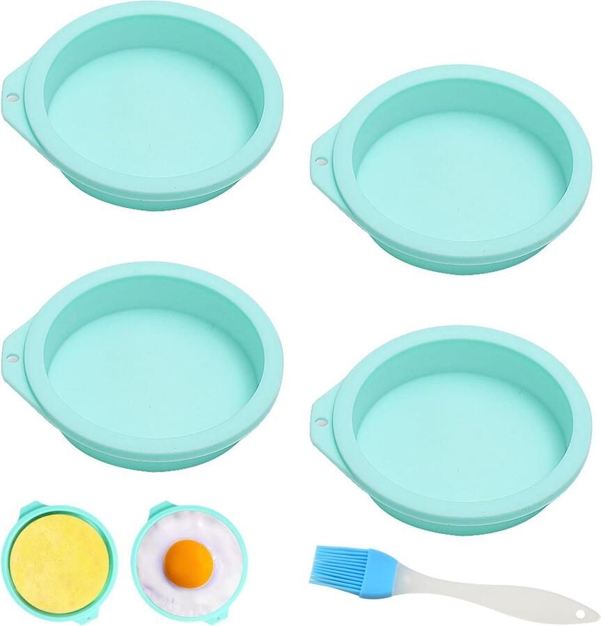 4 stuks airfryer eiervormen met 1 stuk siliconen borstel (blauw) Siliconen ronde eiervorm heteluchtfriteuse taartvormen voor ontbijt eieren sandwiches cupcakes muffins